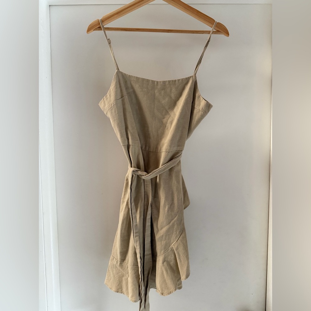 Linen Tan Spaghetti Strap Ruffle Dress